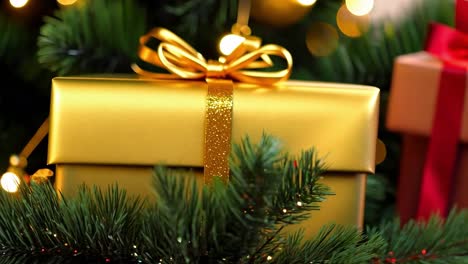 golden gift under christmas tree