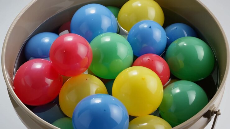 Cluster of glossy red, blue, green, and yellow plastic balls inside beige round container partially submerged in dark liquid, with slight floating movement, tiny droplets, reflections, and soft