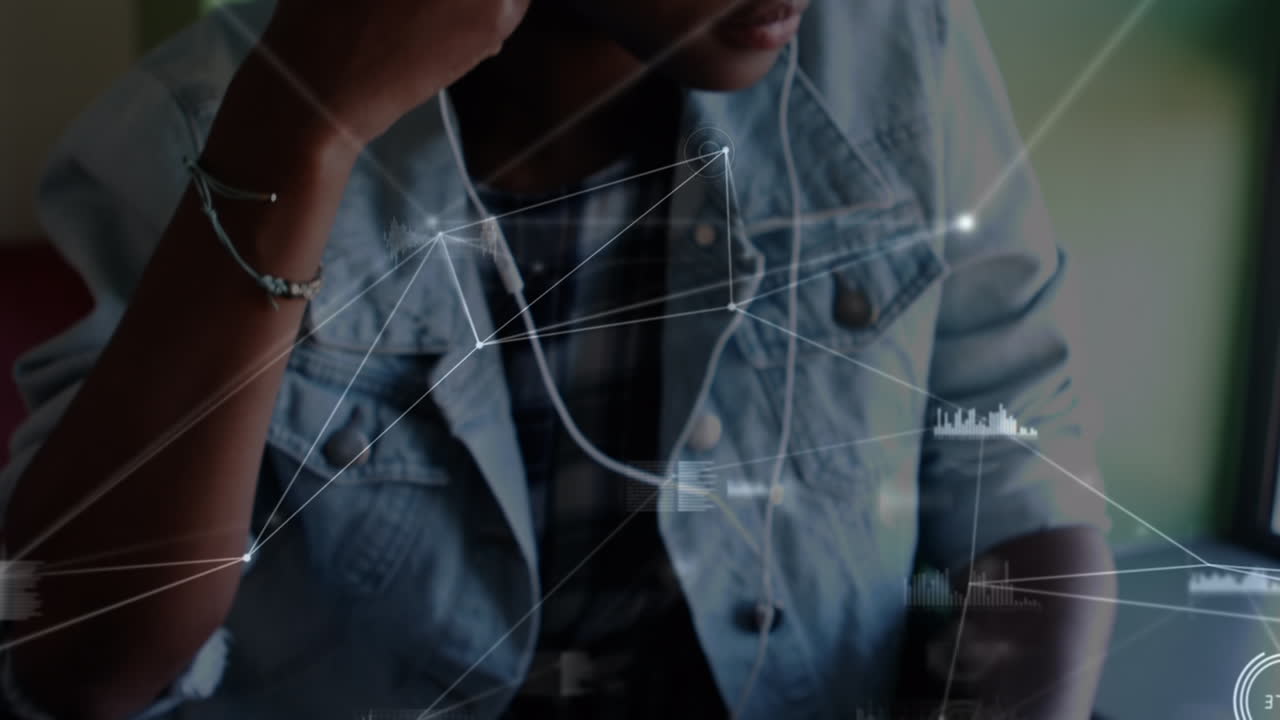 헤드폰을 사용하는 아프리카계 미국인 학생을 통해 연결 네트워크의 애니메이션