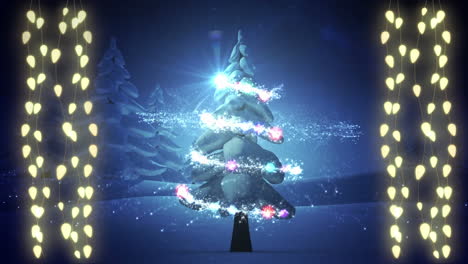 animation of fairy lights over christmas tree and winter landscape