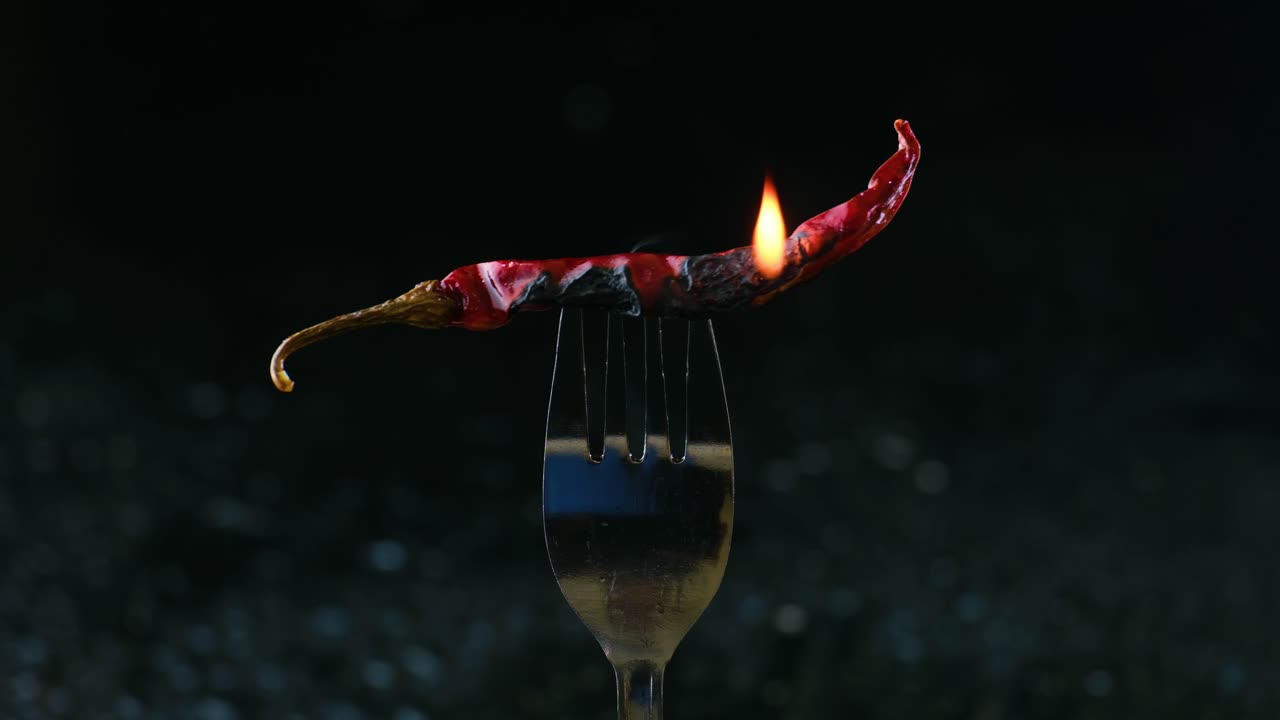 pimienta roja india seca ardiendo con llamas mientras se pega al tenedor, primer plano