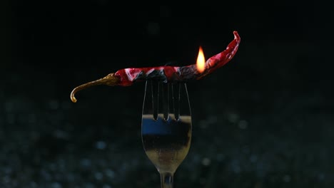 Dry-red-Indian-chili-pepper-burning-with-flames-while-sticked-to-fork,-closeup