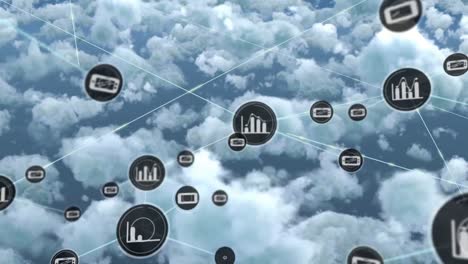 Animation-of-network-of-connections-of-icons-with-charts-over-clouds