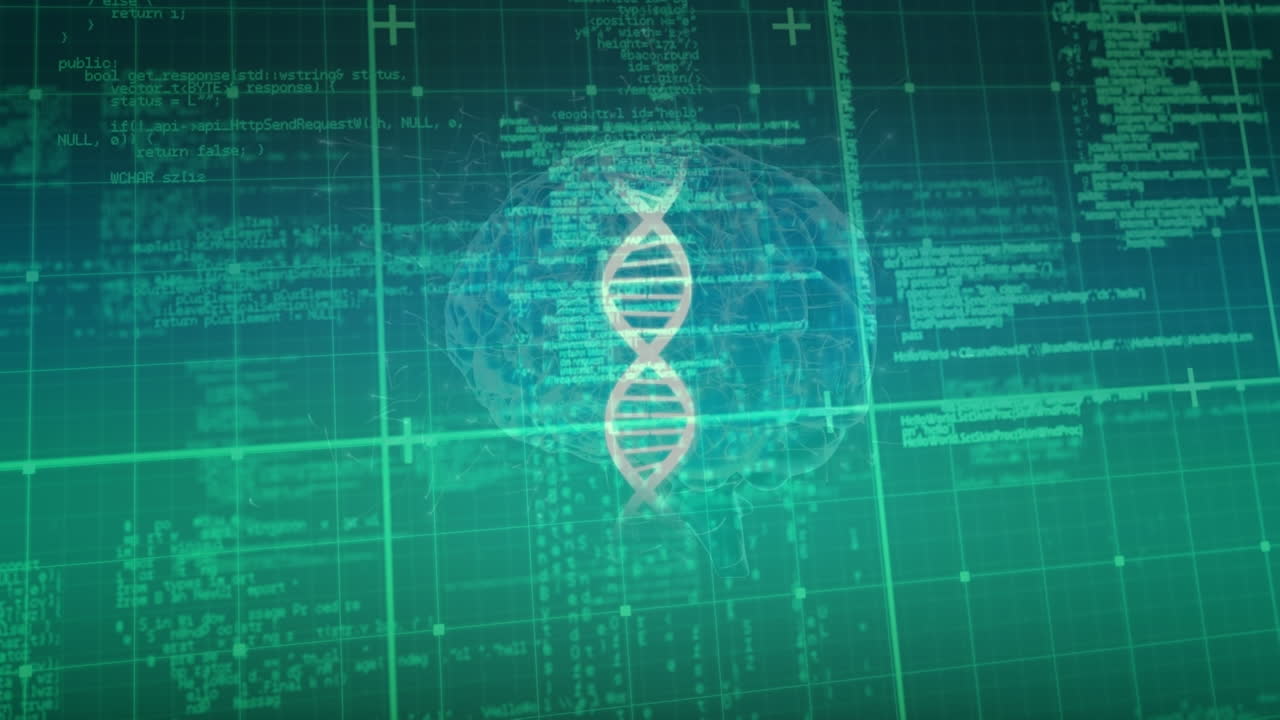 Animation of data processing, human brain and dna strand spinning
