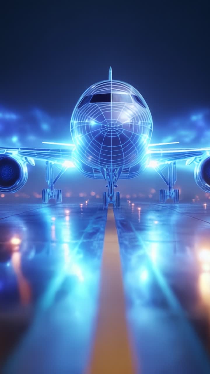 Futuristic Illuminated Airplane Design Showcasing Innovative Technology with a Bright Blue Aesthetic on a Sleek Runway in a Digital Environment