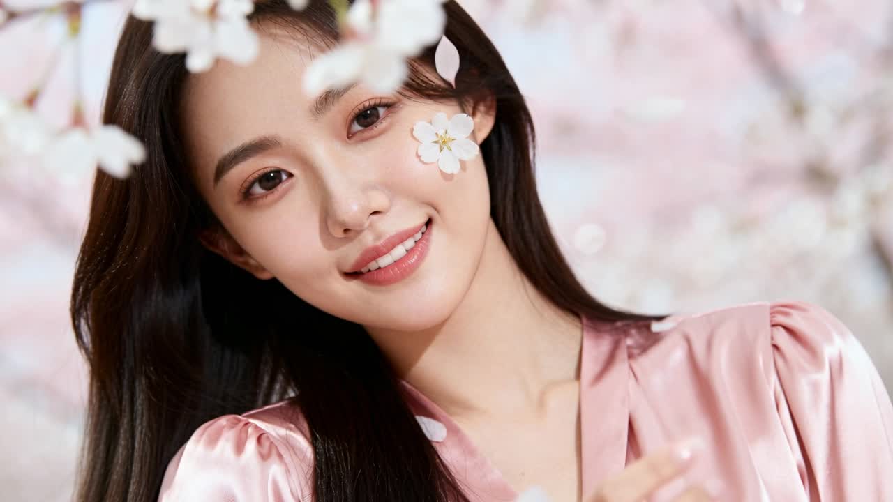 スタジオセットでピンクのブラウスを着て微笑む女性がポーズをとる。扇風機が花びらを舞わせるポートレート撮影と花のステッカー。
