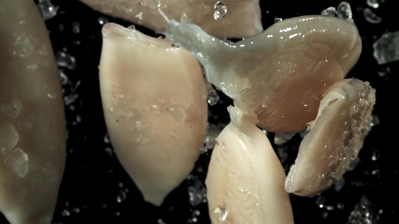 Calamari crudi che cadono in super slow motion su sfondo nero