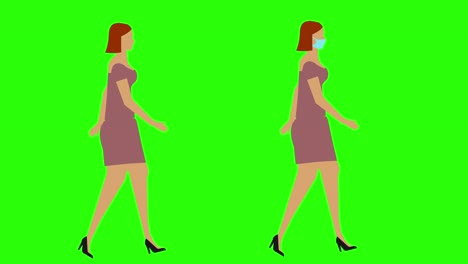 women walking cycle seamless loop , face mask version, green screen chroma key animation, flat design