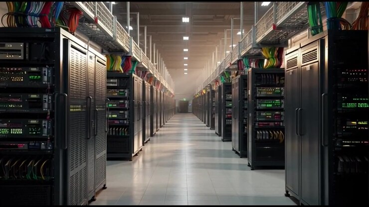 Rows of Server Racks in a Modern Data Center