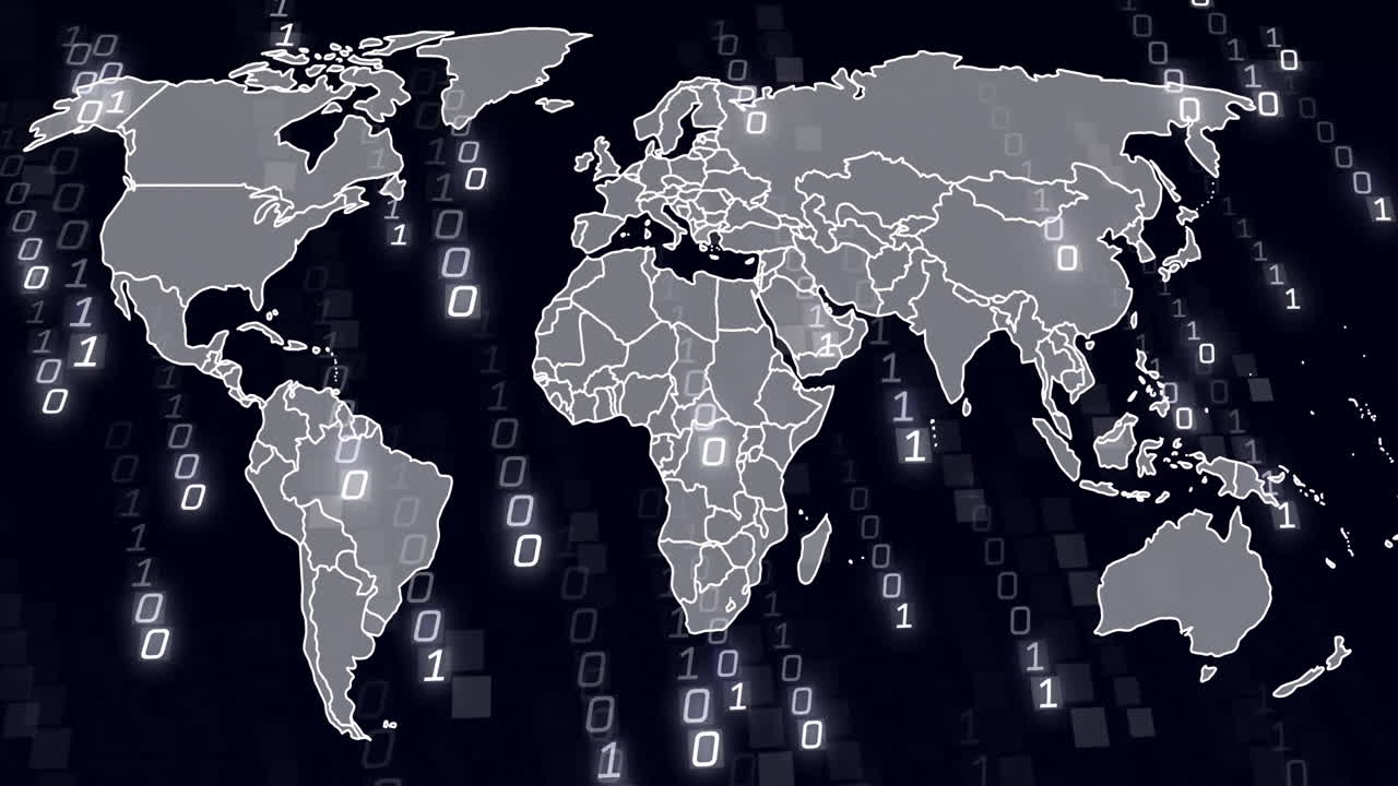 World map with binary code, global data processing animation