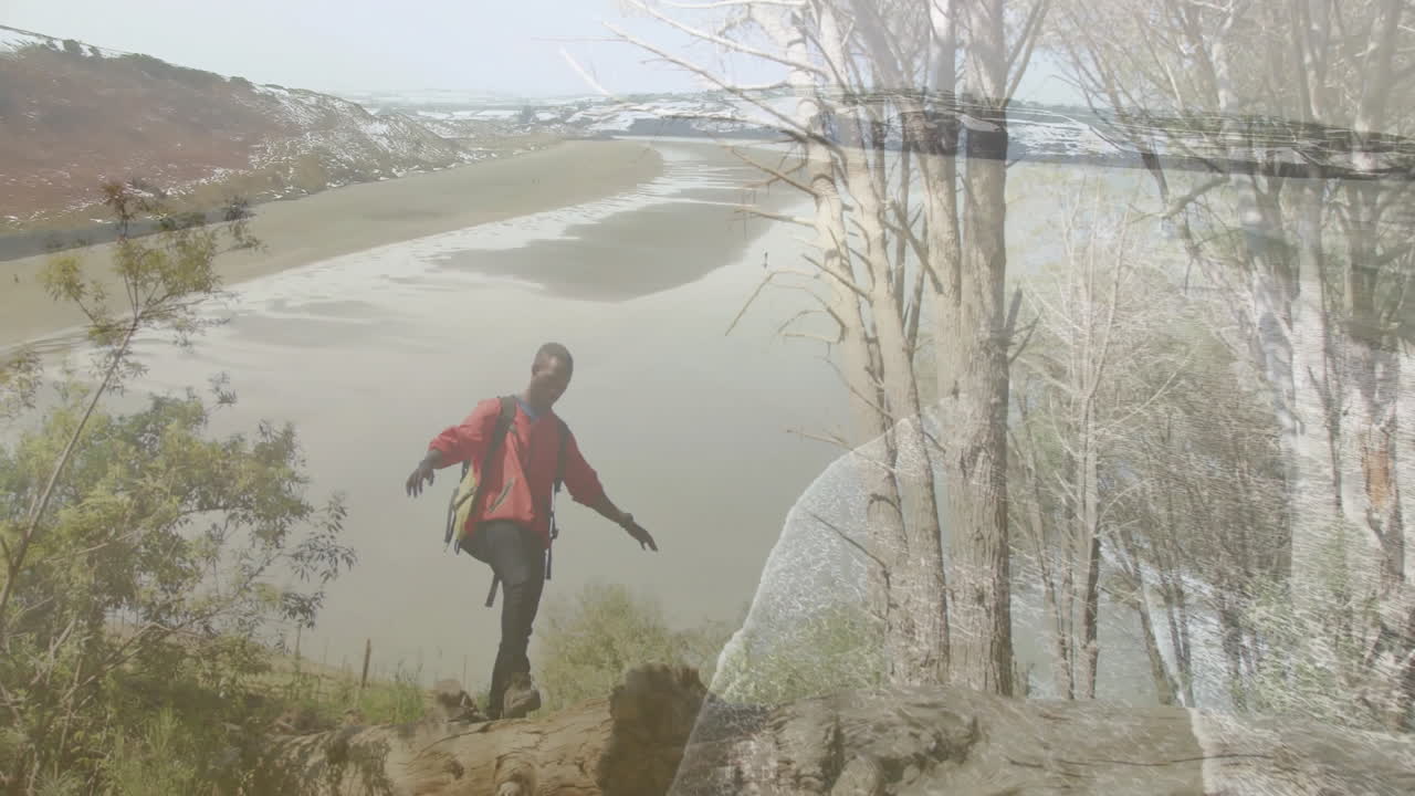 man balancing on log exploring business growth with animated money bag and chart overlay
