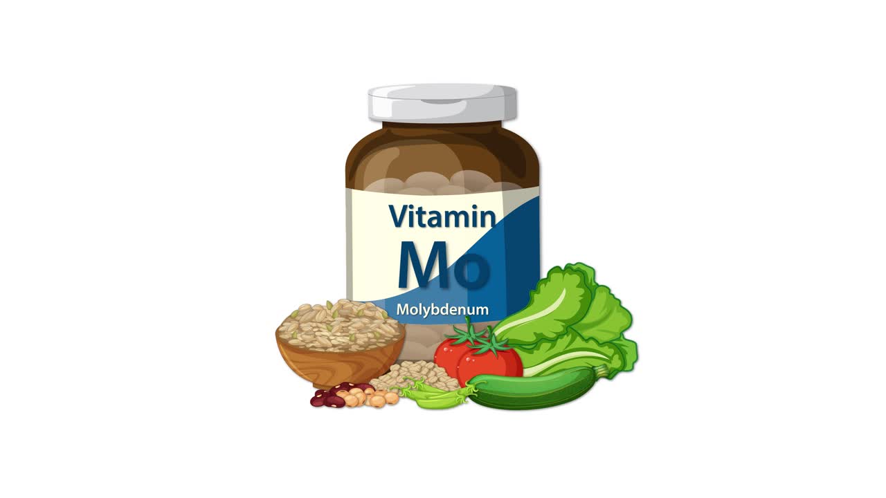 Vitamin molybdenum bottle appears with vegetables, grains, and nuts in clean, bright animation