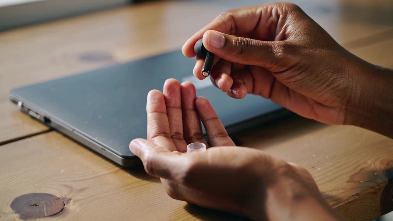 Mani adulte che tengono un contagocce sopra il palmo, facendo cadere una piccola goccia in un tappo trasparente su un tavolo di legno, con un laptop.