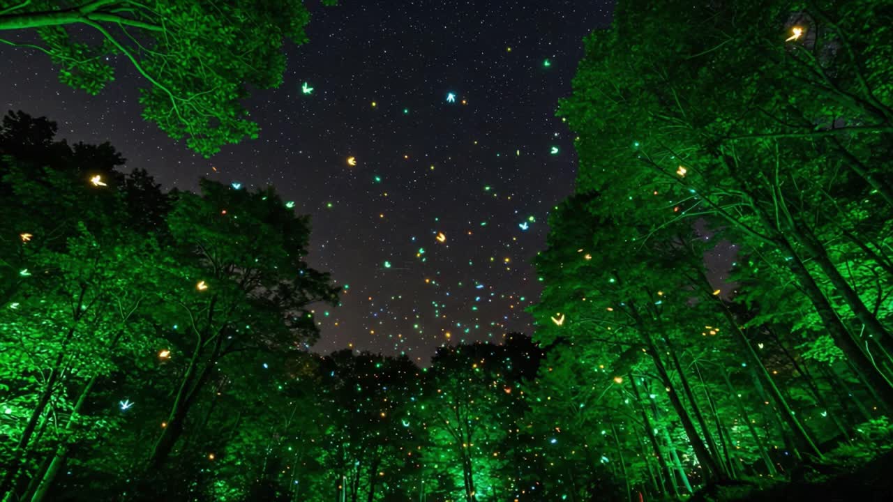 A Mesmerizing Nightscape: The Enchantment of a Starry Sky Illuminated by Ethereal Green Light Amidst a Lush Forest Environment