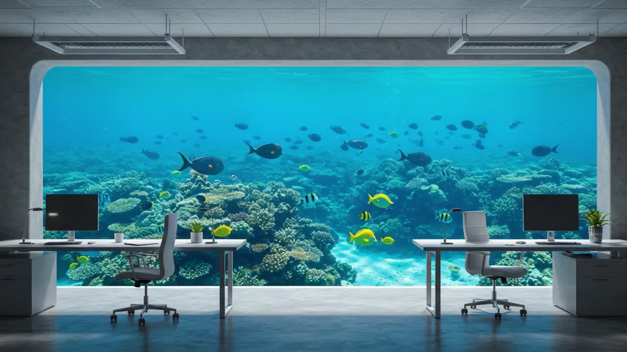 A Stunning View of a Coral Reef Aquarium Through an Office Window, Showcasing Colorful Fish and Vibrant Marine Life in a Unique Work Environment