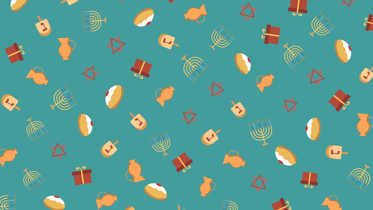 fondo de animación de diseño plano de vacaciones de hanukkah con símbolos tradicionales