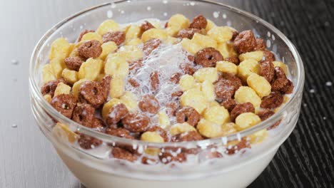 breakfast chocolate corn cereal in a bowl with milk.