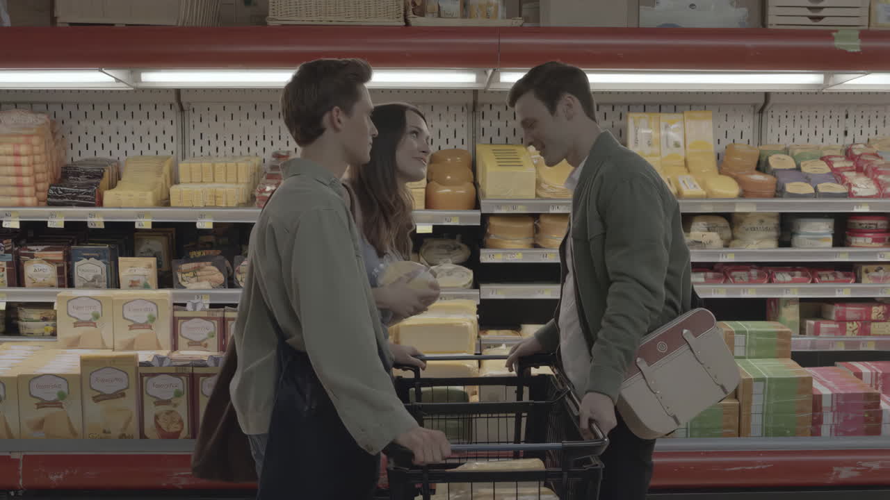 Three people conversing while shopping for cheese in a supermarket