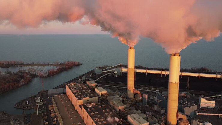 Aerial view of coal power plant in background with smoke and smokestacks