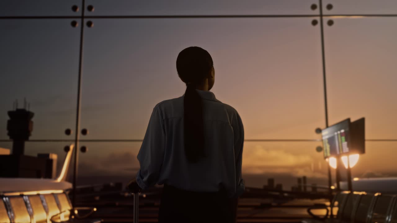 vista trasera de una mujer asiática con una maleta rodante en la sala de embarque en el aeropuerto y mirando a su alrededor mientras espera el vuelo, el avión despega fuera de la ventana