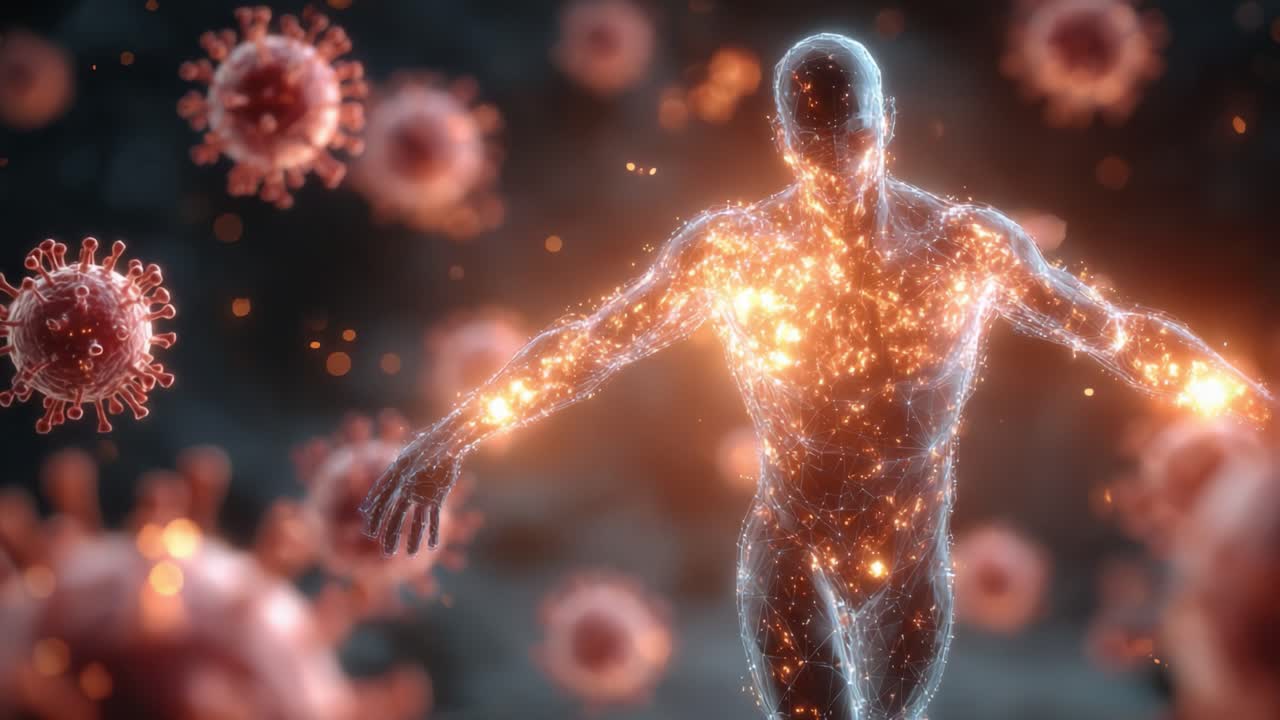 A Glowing Human Figure Amidst Floating Virus Particles: An Artistic Interpretation of Immune Response and Cellular Activity in a Scientific Visualization