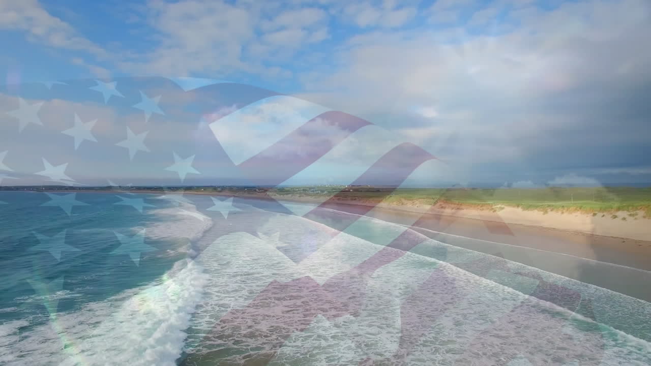 animación de la bandera de los estados unidos ondeando sobre el paisaje de la playa