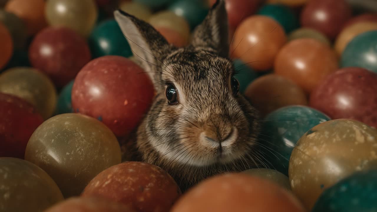Um Coelho Curioso Rodeado por Bolas Coloridas, Capturado em Quadros Encantadores que Exibem Capricho e Charme em um Ambiente Lúdico.