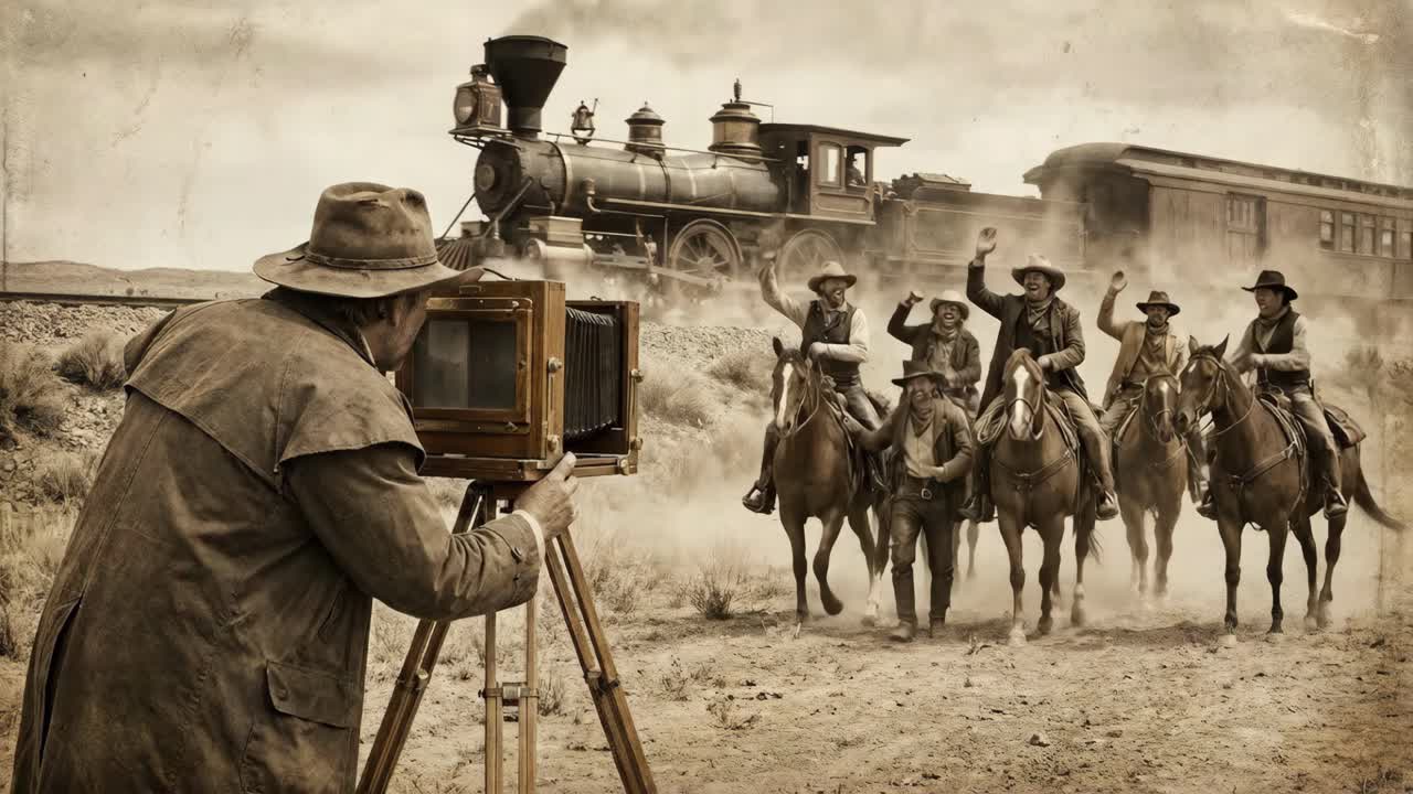 Old West Cowboys Posing for a Photo with a Train