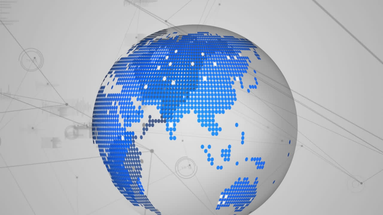 회색 배경에 회전하는 지구를 배경으로 빛나는 연결 네트워크의 디지털 애니메이션