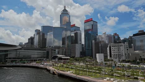 aerial of the wan chai waterfront area and skyline of hong kong island, hong kong, china