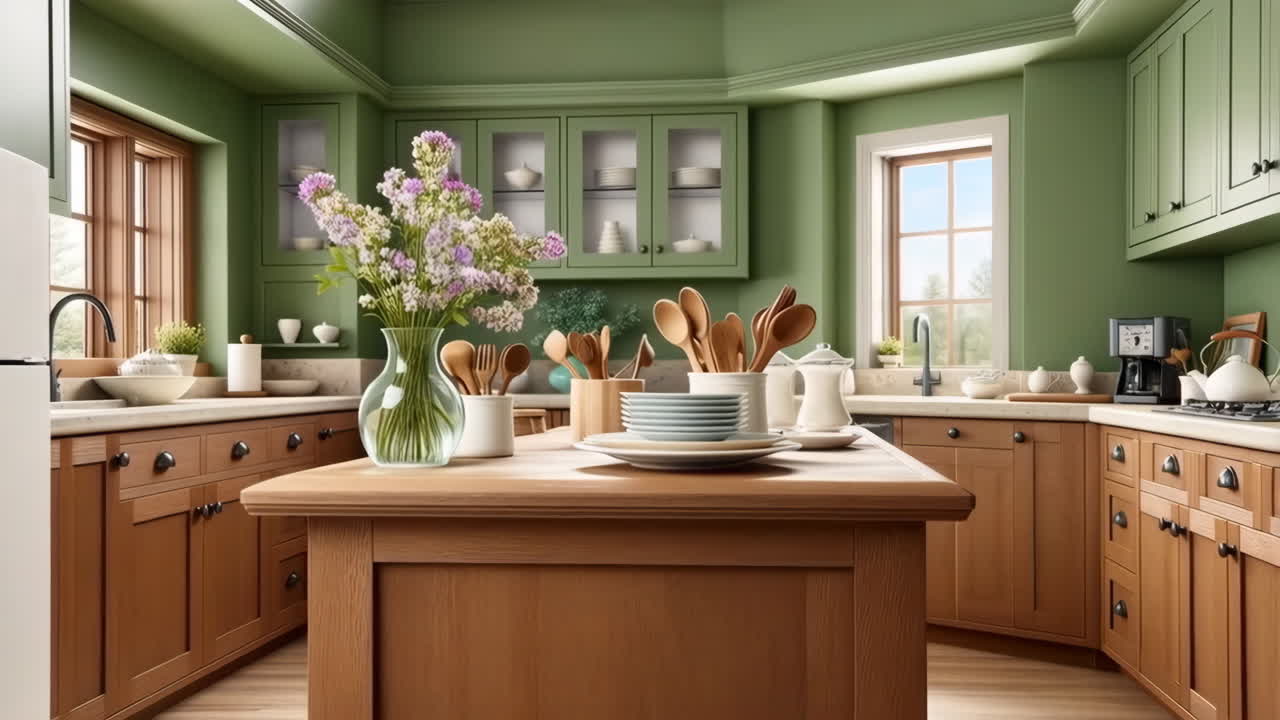 A spacious kitchen with green walls and wooden cabinets