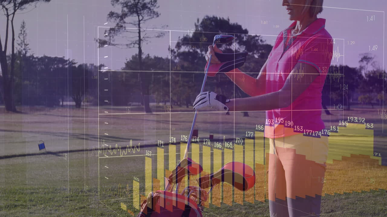 Senior woman placing golf club into bag on golf fairway, displaying sports analytics overlays