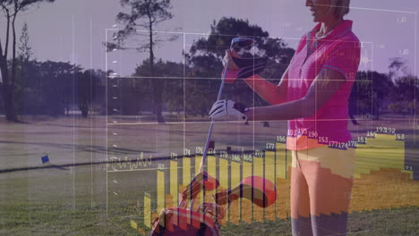Senior woman placing golf club into bag on golf fairway, displaying sports analytics overlays