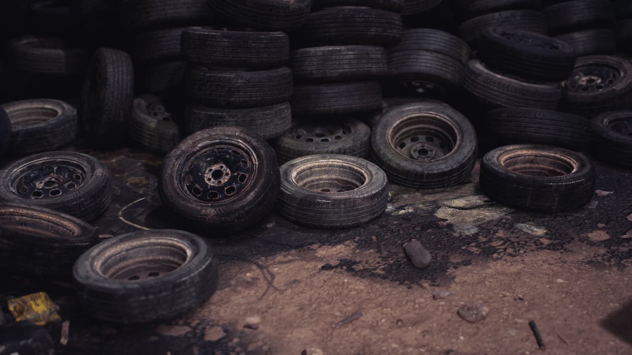 Collection of worn out tires stacked in a cluttered automotive junkyard