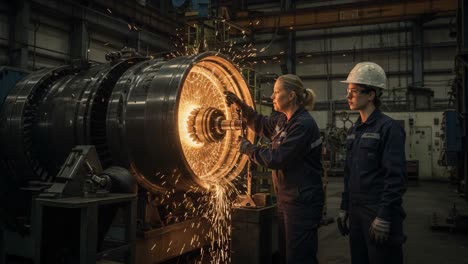 skilled technicians inspecting high-performance engine components with sparks flying in a state-of-the-art industrial workshop environment