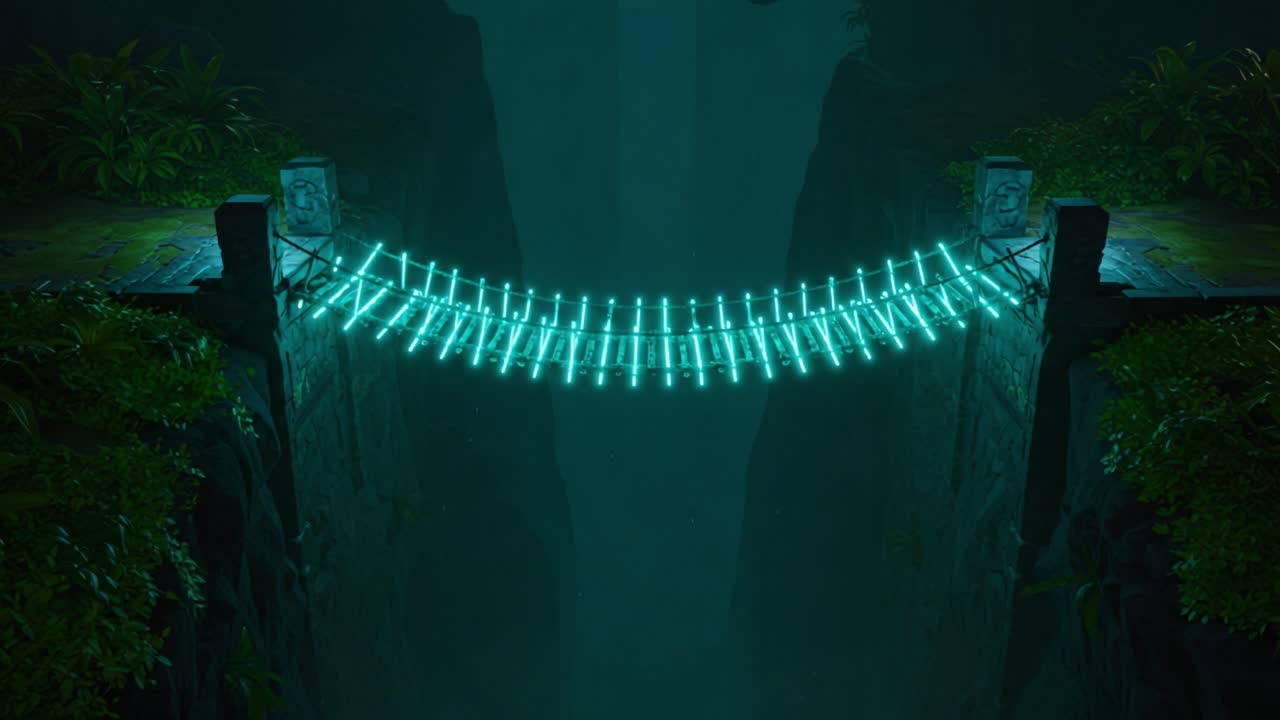 A Stunning Neon Bridge Illuminates a Vast Canyon, Bridging Two Sides with a Mesmerizing Glow Amidst Lush Greenery and a Mystical Atmosphere in a Fantasy Landscape