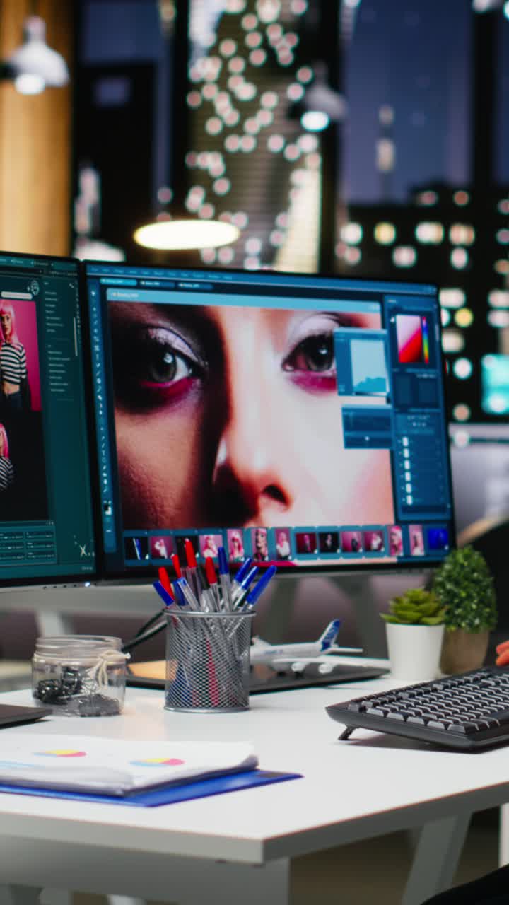 Vertical Video Professional woman uses editing software and AI chatbot on dual monitors