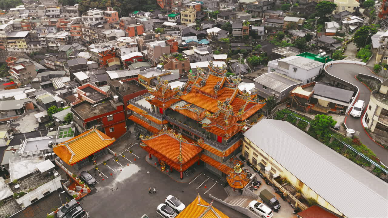 Aerial View of a Chinese Temple in a Densely Populated City