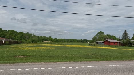 dolly in small country town during cloudy day.