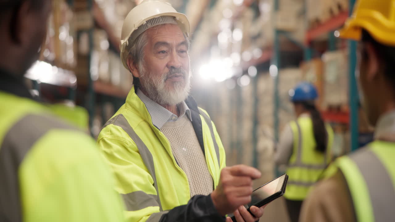 Warehouse workers in safety gear discussing work