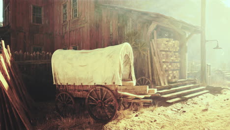 vintage western wagon and wooden building scene