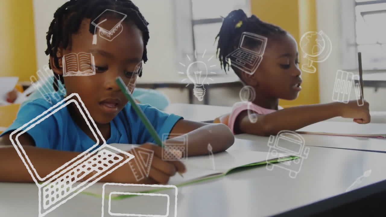 Animation of education school icons over diverse school children in classroom