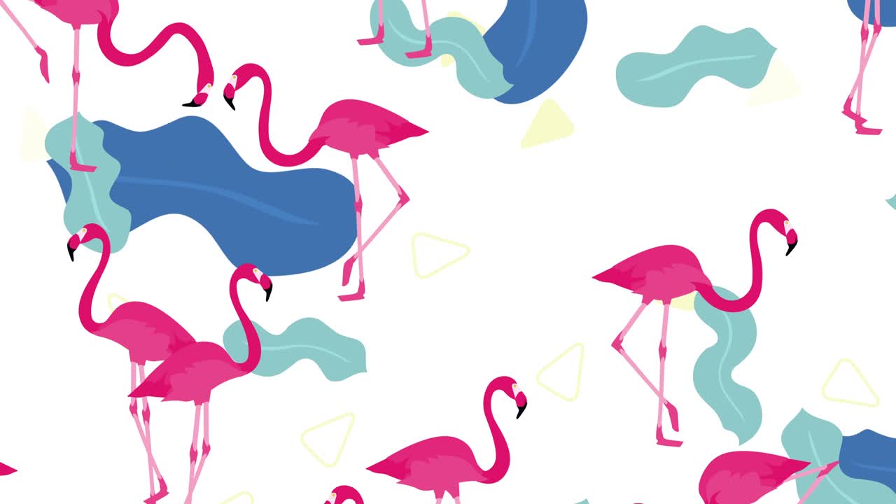 초현실적이고 미니멀한 플라밍고와 잎과 삼각형 모양