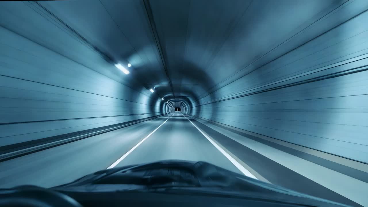 Driving car entering tunnel, maintaining course toward exit with dashboard view and lane markings