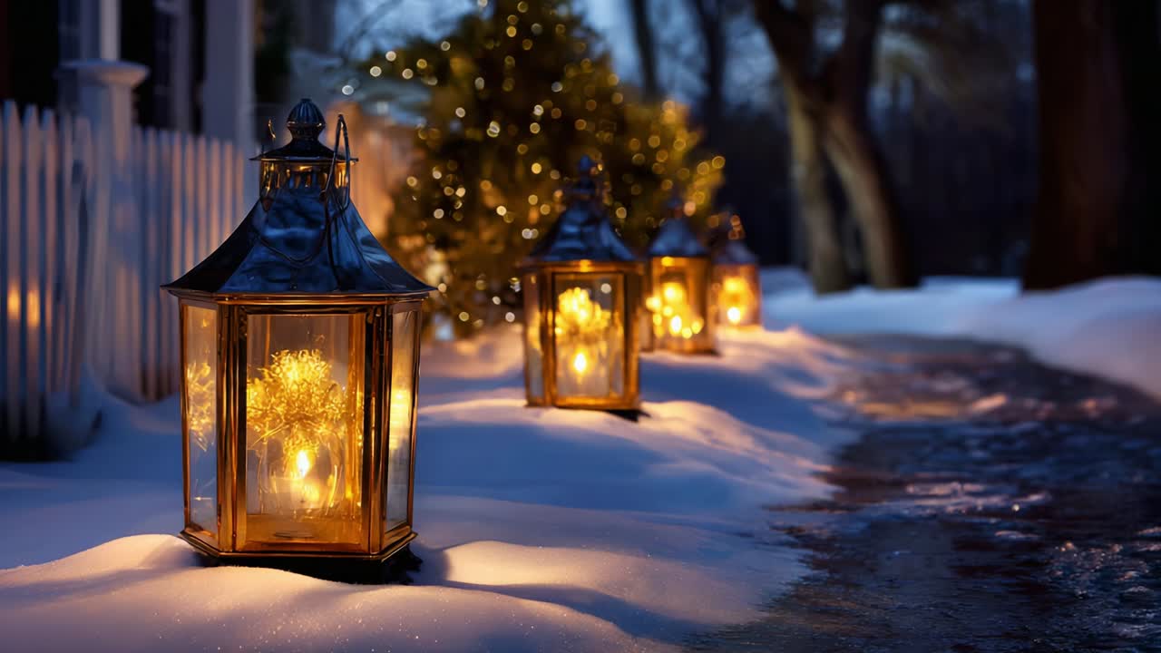 A peaceful winter evening scene illuminated by glowing lanterns lining a snow-covered walkway, with twinkling lights reflected in the calm surroundings, evoking warmth and serenity amidst the chilly atmosphere