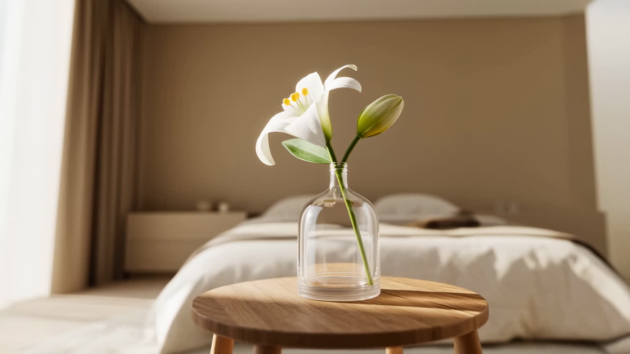 White Lily in Vase on Wooden Table in Bedroom
