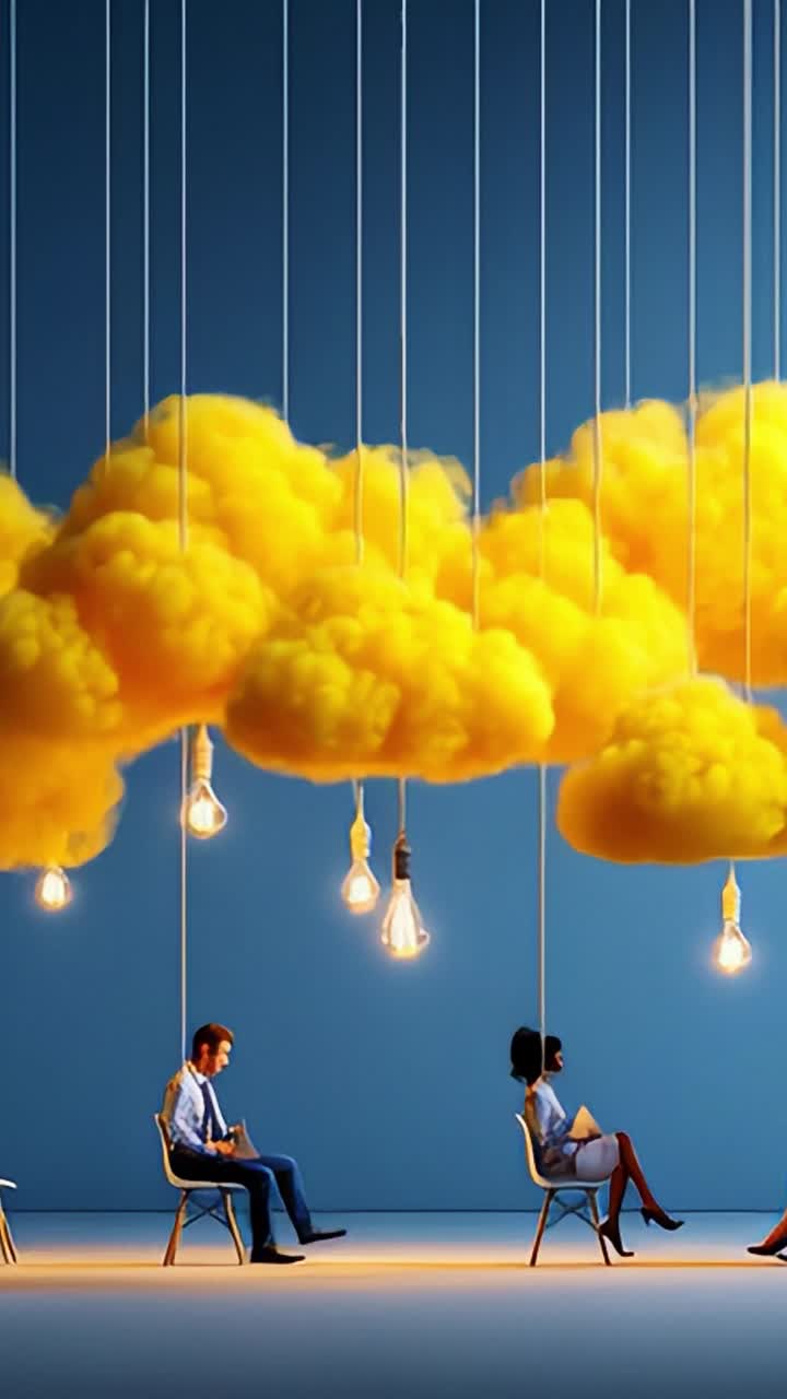A Dreamy Conversation Setting: Two Individuals Engage Under Suspended Yellow Clouds Illuminated by Hanging Light Bulbs, Symbolizing Ideas and Creativity