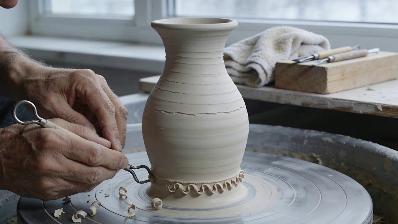 Vasaio a maniche corte che rifinisce un vaso con uno strumento a cappio, mentre il tornio gira vicino alla finestra