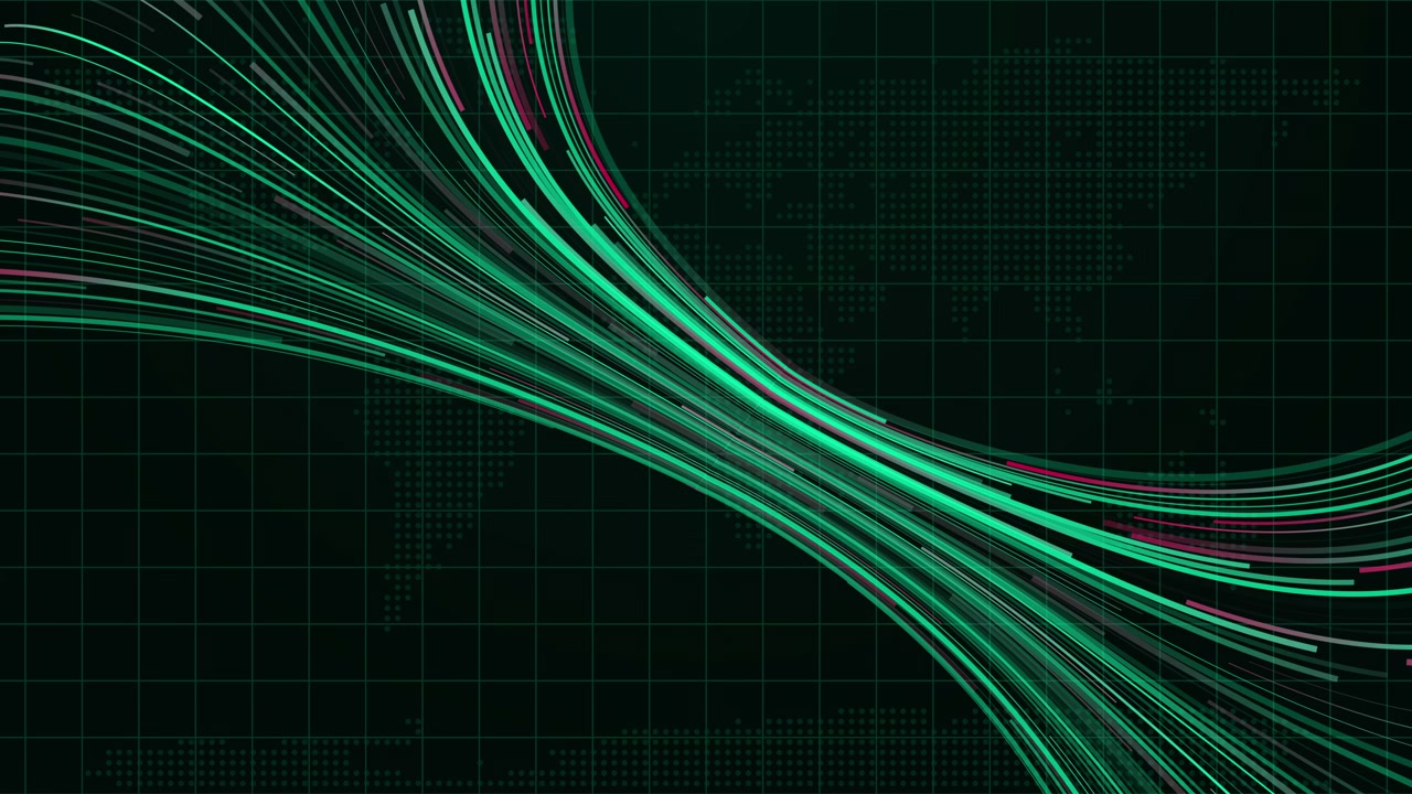 Abstract Digital Data Flow with Glowing Green Lines and World Map Background