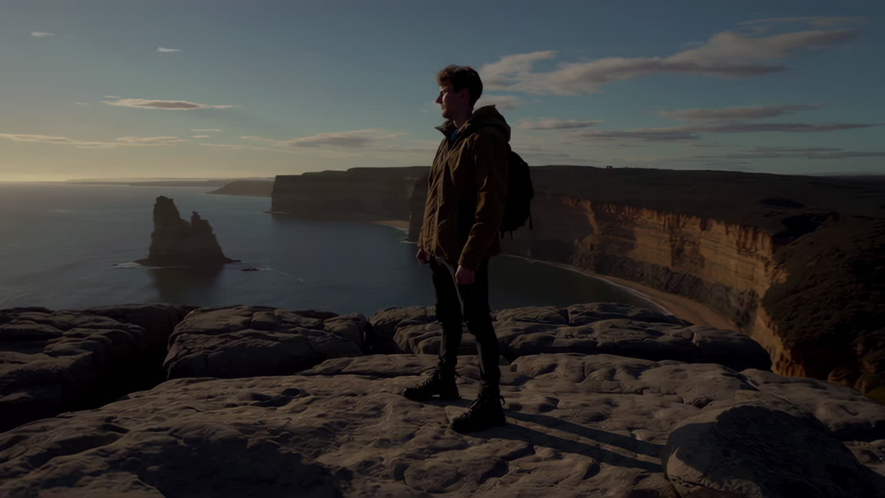 Uomo in piedi su una scogliera costiera al tramonto